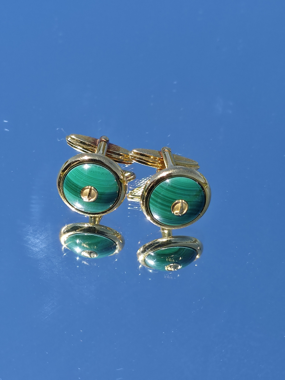Vintage Alfred Dunhill Gold Plated Green Malachite Stone Screw Accent Cufflinks